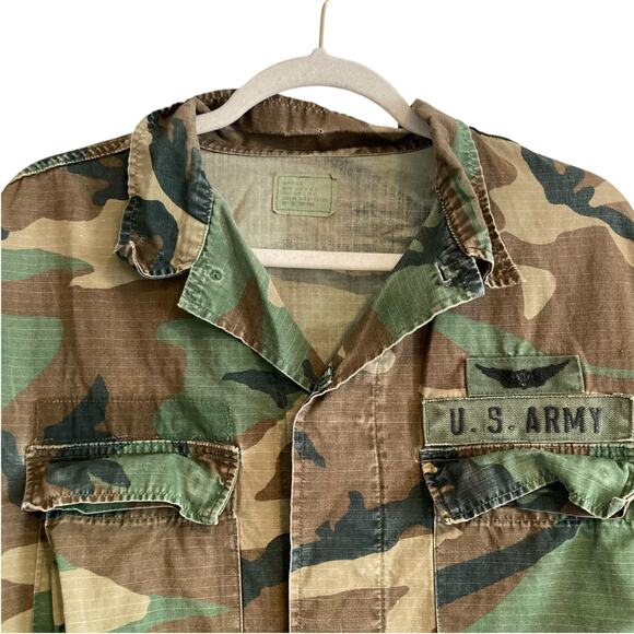 Vintage 70s US Army Brown Military Green Camo Button Up Cotton Jacket Sz Medium - Picture 6 of 16